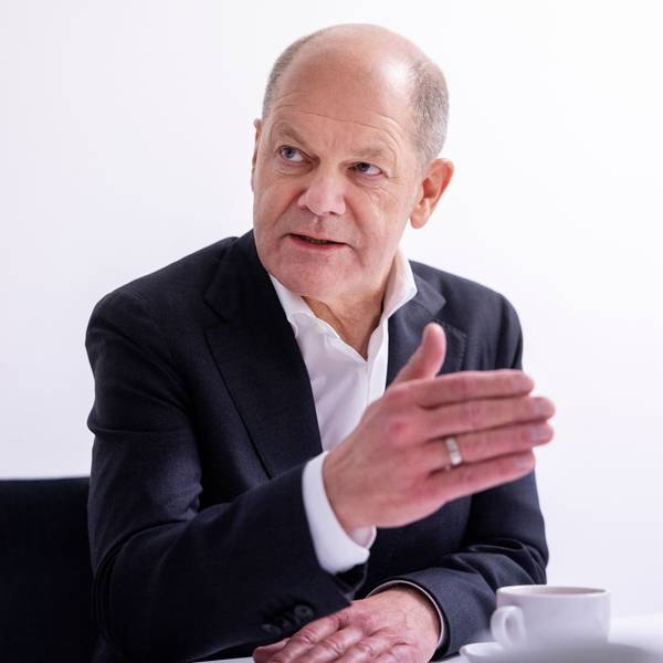 04.02.2025, Marl: Interview mit Bundeskanzler Olaf Scholz nach einem Bürgerforum in Marl.
Foto: Michael Bause