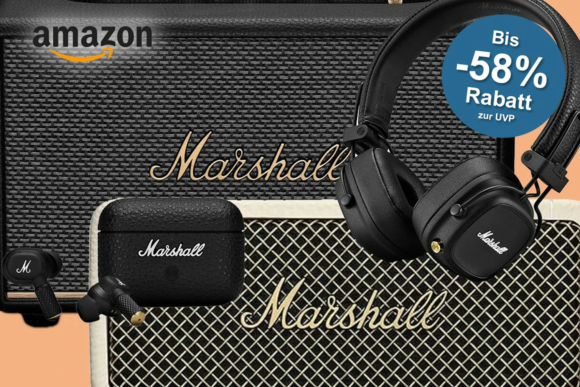 Darstellung von Marshall Lautsprechern und Kopfhörer im Sale bei Amazon