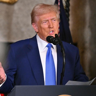 US President Donald Trump takes a question as he speaks during the signing of executive orders at his Mar-a-Lago resort in Palm Beach, Florida, on February 18, 2025. Trump signed an executive order February 18 aimed at improving the affordability and availability of in vitro fertilization, a health issue he had addressed on the campaign trail. (Photo by ROBERTO SCHMIDT / AFP)