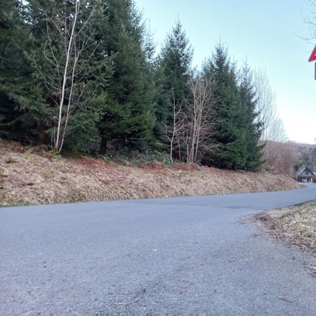 Blick auf eine Straße mit einem Schild, das vor Straßenschäden warnt.