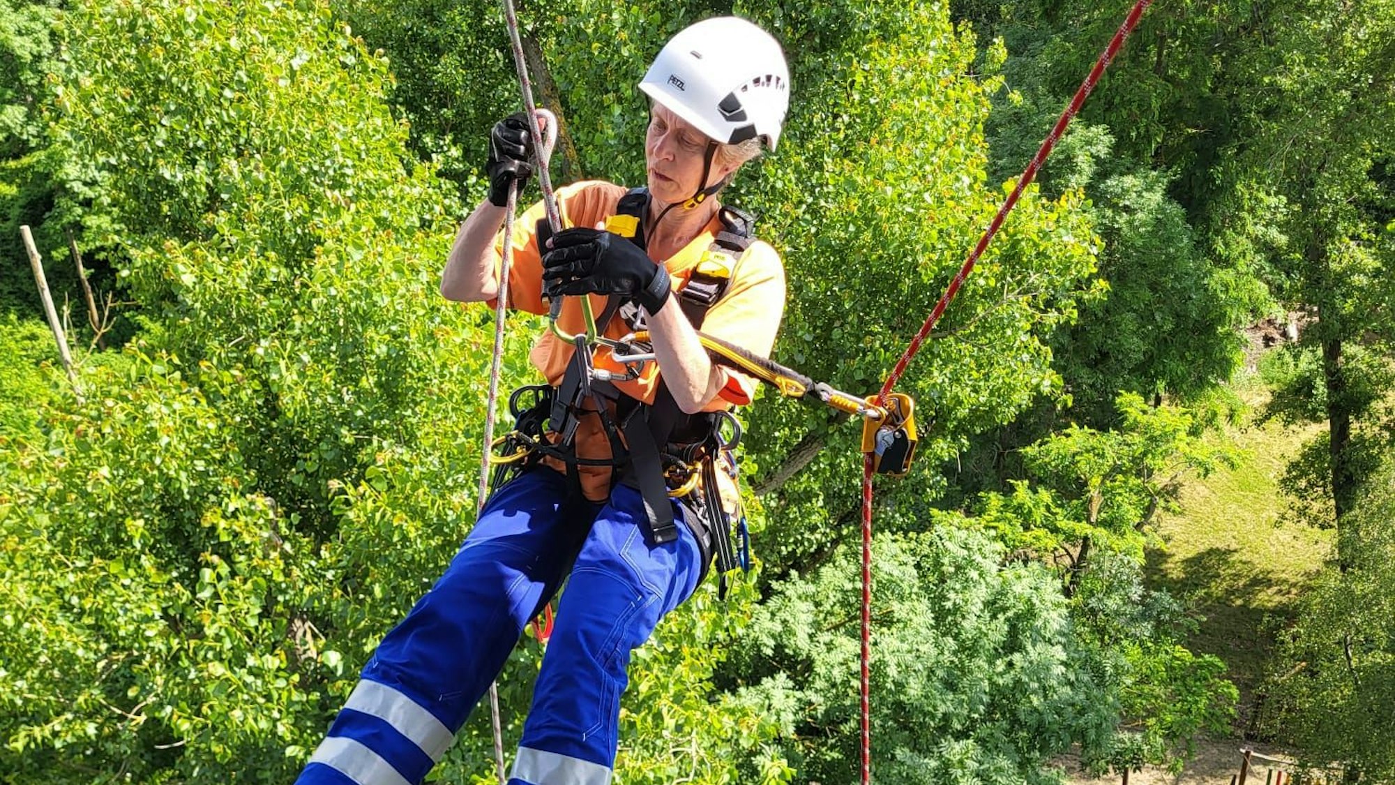 Dany Kemmler seilt sich ab, sie trägt ein Klettergeschirr und hängt am Sicherungsseil.