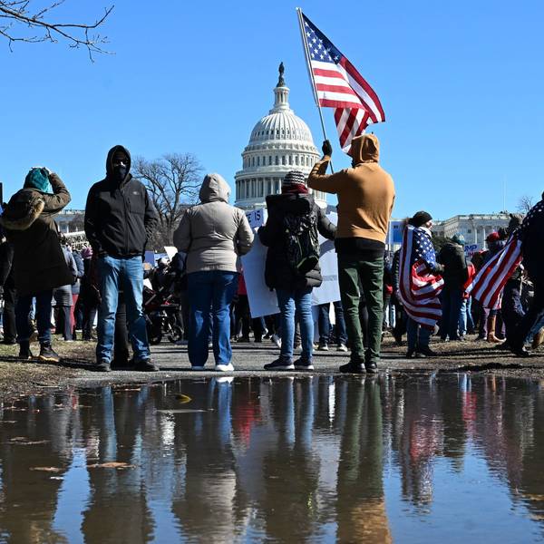 TOPSHOT - Demonstrators rally against US President Donald Trump and his policies during a protest near the US Capitol marking Presidents Day on February 17, 2025 in Washington, DC. (Photo by Alex Wroblewski / AFP)