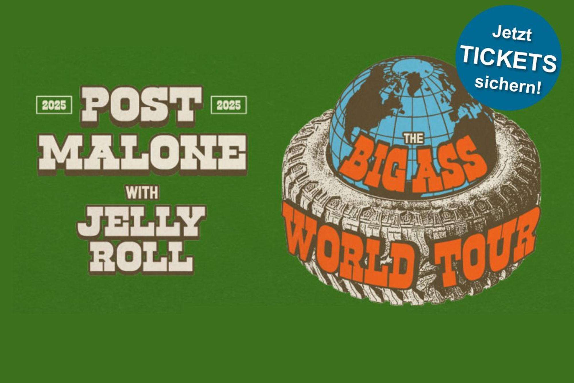 Bild der Post Malone Tour 2025 mit einem Globus in einem Reifen und einem Schriftzug. Der Hintergrund ist grün.