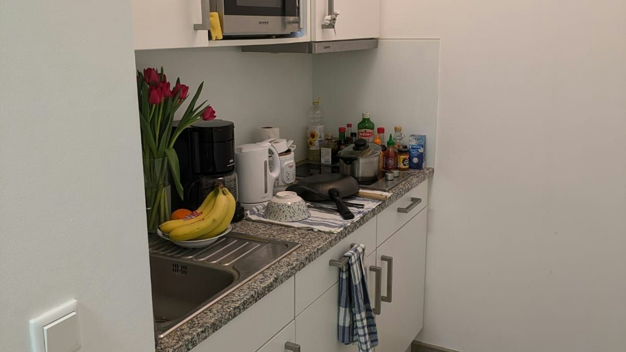 Die Küche eines Studentenwohnheims mit Geschirr, Obst und Blumen.