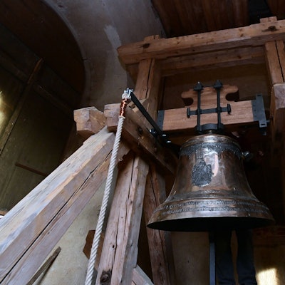 Instalation of new three bells (pictured bell named Virgin Mary) for Church of visitation of Virgin Mary in Skoky near Zlutice, Western Bohemia, Czech Republic, October 17, 2024. (CTKxPhoto SlavomirxKubes)