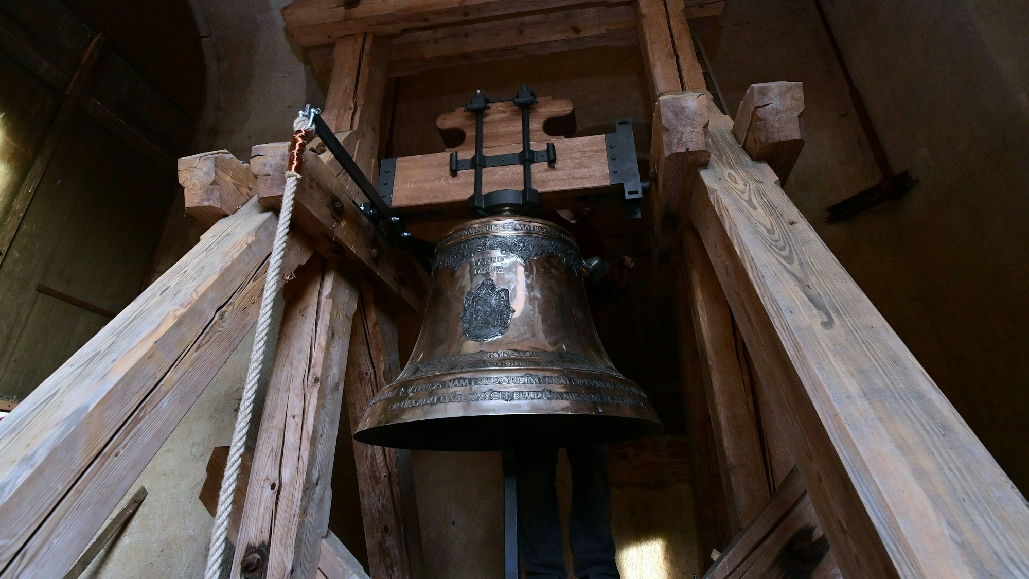 Instalation of new three bells (pictured bell named Virgin Mary) for Church of visitation of Virgin Mary in Skoky near Zlutice, Western Bohemia, Czech Republic, October 17, 2024. (CTKxPhoto SlavomirxKubes)