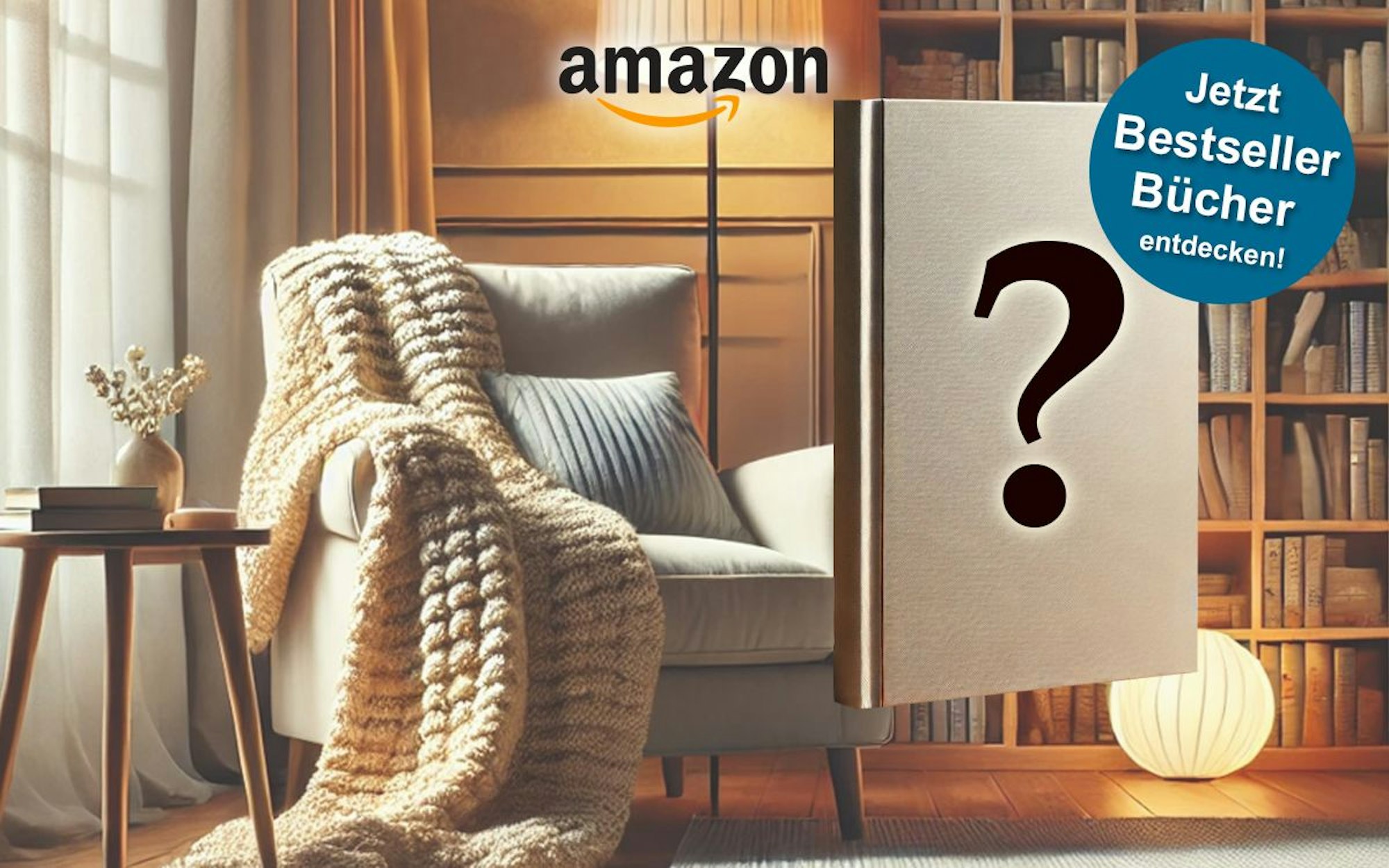 Das Bild zeigt einen Sessel, auf dem eine Decke und ein Kissen platziert sind. Zudem ist ein Bücherregal abgebildet. Vor der gemütlichen Leseecke, die durch das warme Licht abgerundet wird, ist ein Buch platziert mit einem leeren Cover und einem schwarzen Fragezeichen.