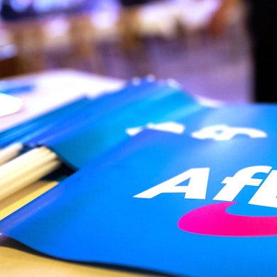 ARCHIV - 24.11.2018, Bayern, Greding: Fähnchen mit dem Logo der AfD liegen auf einem Tisch.  (zu dpa: «Spender versicherte laut AfD: Geld kam nicht von Dritten») Foto: Daniel Karmann/dpa +++ dpa-Bildfunk +++