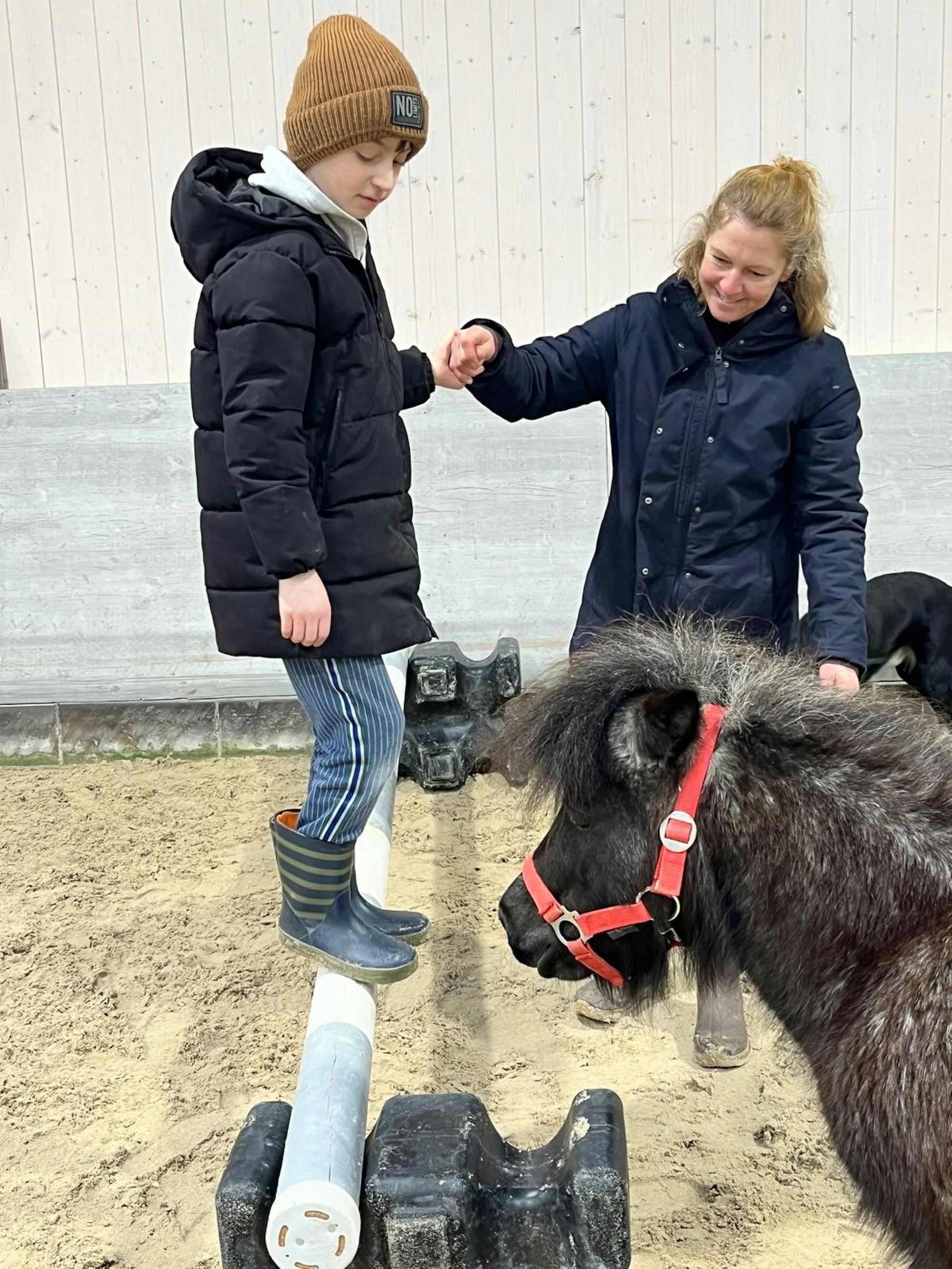 Ein Junge balanciert auf einer Hürde, die Reitsport-Trainerin Kirsten Rudolf hält ihm die Hand und ein schwarzes Shetland-Pony bewacht die Szenerie.