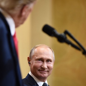 US President Donald Trump and Russia's President Vladimir Putin attend a joint press conference after a meeting at the Presidential Palace in Helsinki, on July 16, 2018.