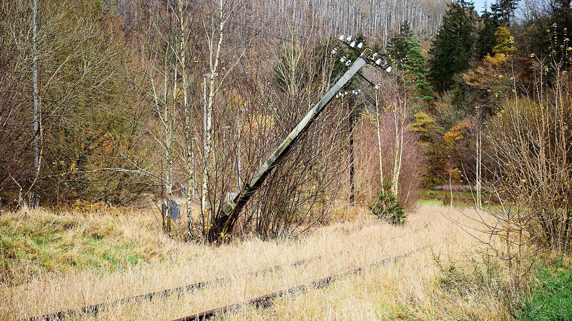 Die Bahnanlagen der Oleftalbahn am Höddelbusch bei Schleiden sind von