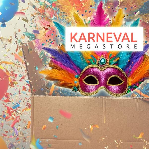 Ein offenes Paket mit Karnevalsdekoration. Unter anderem ist eine farbenfrohe Maske, Luftballons, Luftschlangen und Konfetti zu sehen. Auf dem Bild ist zudem das Logo vom Karneval-Megastore platziert.