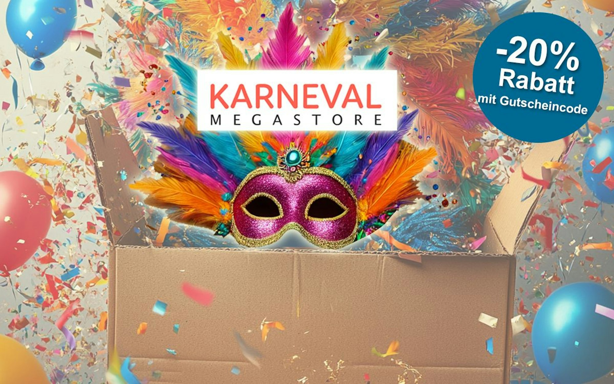Ein offenes Paket mit Karnevalsdekoration. Unter anderem ist eine farbenfrohe Maske, Luftballons, Luftschlangen und Konfetti zu sehen. Auf dem Bild ist zudem das Logo vom Karneval-Megastore platziert.