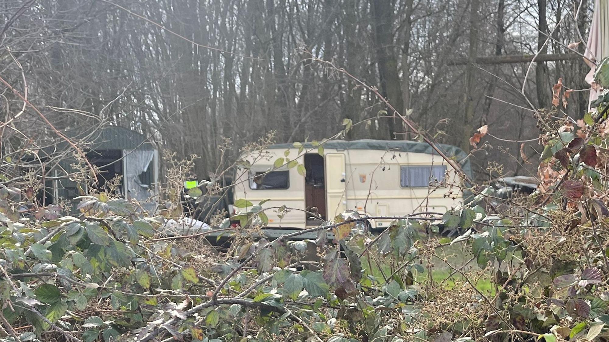 Auf einem Grundstück im Wald stehen ein Wohnwagen und mehrere Verschläge.