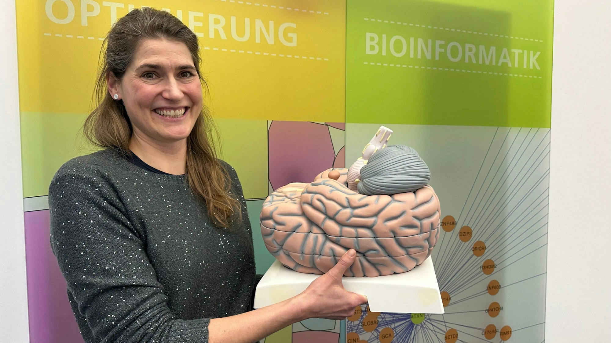 Das Gehirn isst mit - Prof. Dr. Marie-Christine Simon beschäftigt sich mit Essgewohnheiten am Fraunhofer-Institut. Auf dem Bild hält sie das Modell eines Gehirns in ihren Händen.