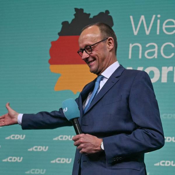 Friedrich Merz, leader of Germany's conservative Christian Democratic Union (CDU) and his party's main candidate for Chancellor addresses supporters after the first exit polls in the German general elections were announced on TV during the electoral evening in Berlin on February 23, 2025. (Photo by INA FASSBENDER / AFP)