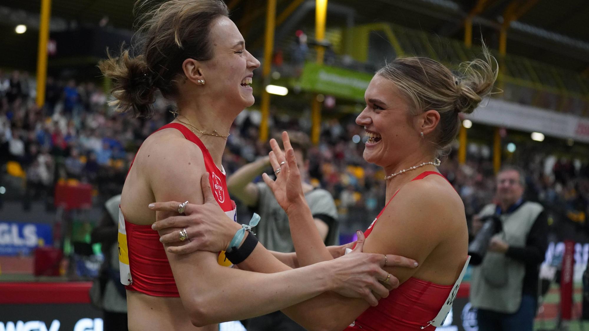 , Leichtathletik, Deutsche Leichtathletik-Hallenmeisterschaften 2025, Hallen DM 2025 , 21-23.02.2025 Helmut -Körnig-Halle Dortmund 60m Hürden Frauen , Marlene Meier, Franziska Schuster beide TSV bayer 04 Leverkusen *** , Athletics, German Athletics Indoor Championships 2025, Indoor Championships 2025 , 21 23 02 2025 Helmut Körnig Halle Dortmund 60m Hurdles Women , Marlene Meier, Franziska Schuster both TSV bayer 04 Leverkusen