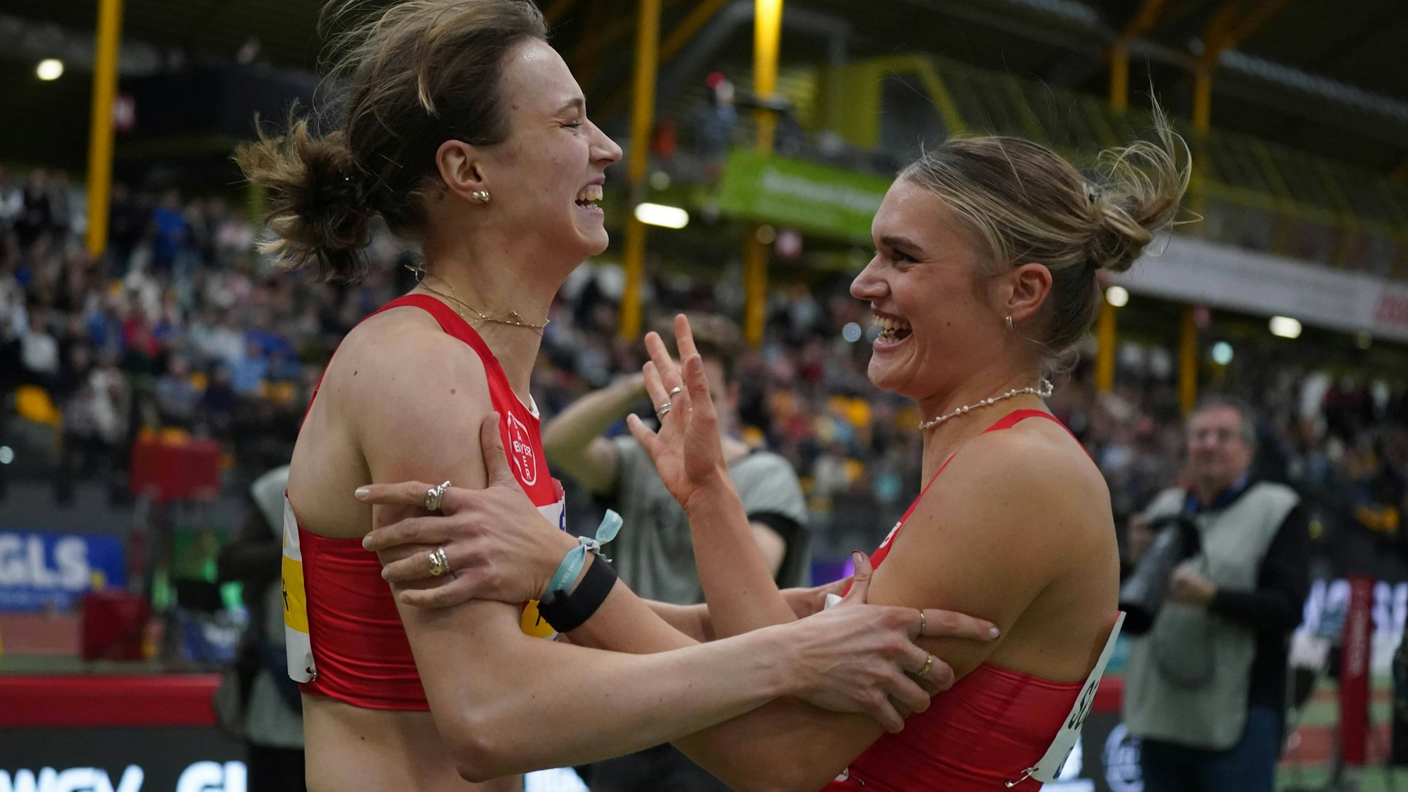 , Leichtathletik, Deutsche Leichtathletik-Hallenmeisterschaften 2025, Hallen DM 2025 , 21-23.02.2025 Helmut -Körnig-Halle Dortmund 60m Hürden Frauen , Marlene Meier, Franziska Schuster beide TSV bayer 04 Leverkusen *** , Athletics, German Athletics Indoor Championships 2025, Indoor Championships 2025 , 21 23 02 2025 Helmut Körnig Halle Dortmund 60m Hurdles Women , Marlene Meier, Franziska Schuster both TSV bayer 04 Leverkusen