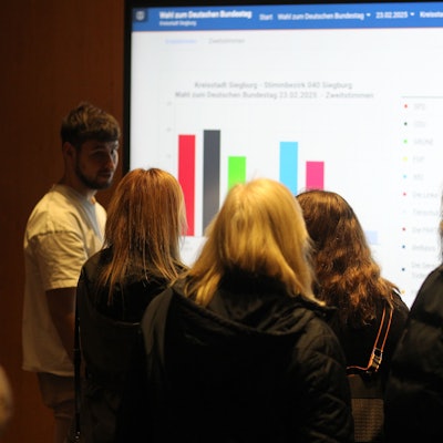 Im Rhein-Sieg-Forum verfolgten Menschen die Ergebnisse der Bundestagswahl auf einer großen Leinwand.