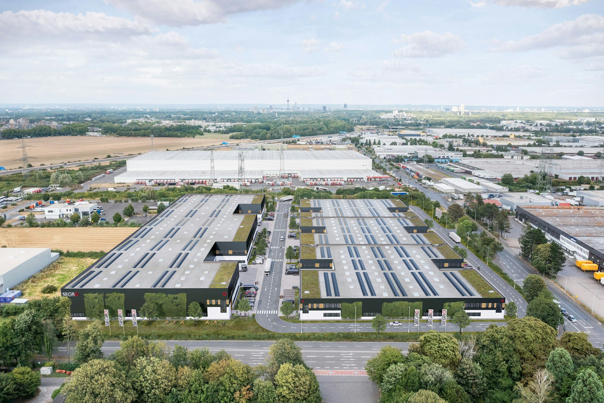 Auf dem Bild ist eine visualisierte Ansicht des neuen Gewerbeparks in Frechen zu sehen.