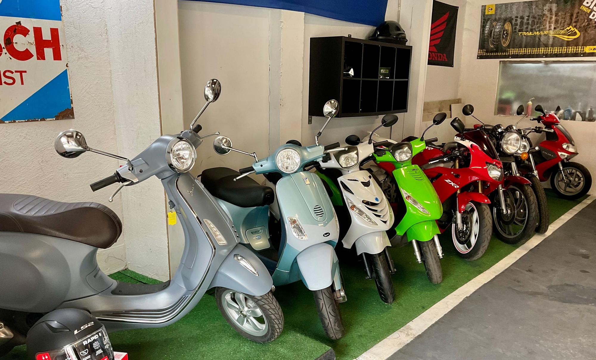 Ein Dutzend Motorroller in allen Farben stehen in Reih und Glied.