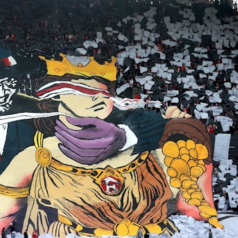 1. FC Köln vs. Fortuna Düsseldorf, 23. Spieltag, 23.02.2025, 13.30 Uhr, umstrittene Choreo der Ultras auf der Südtribüne (1. FC Köln), Bild: Herbert Bucco