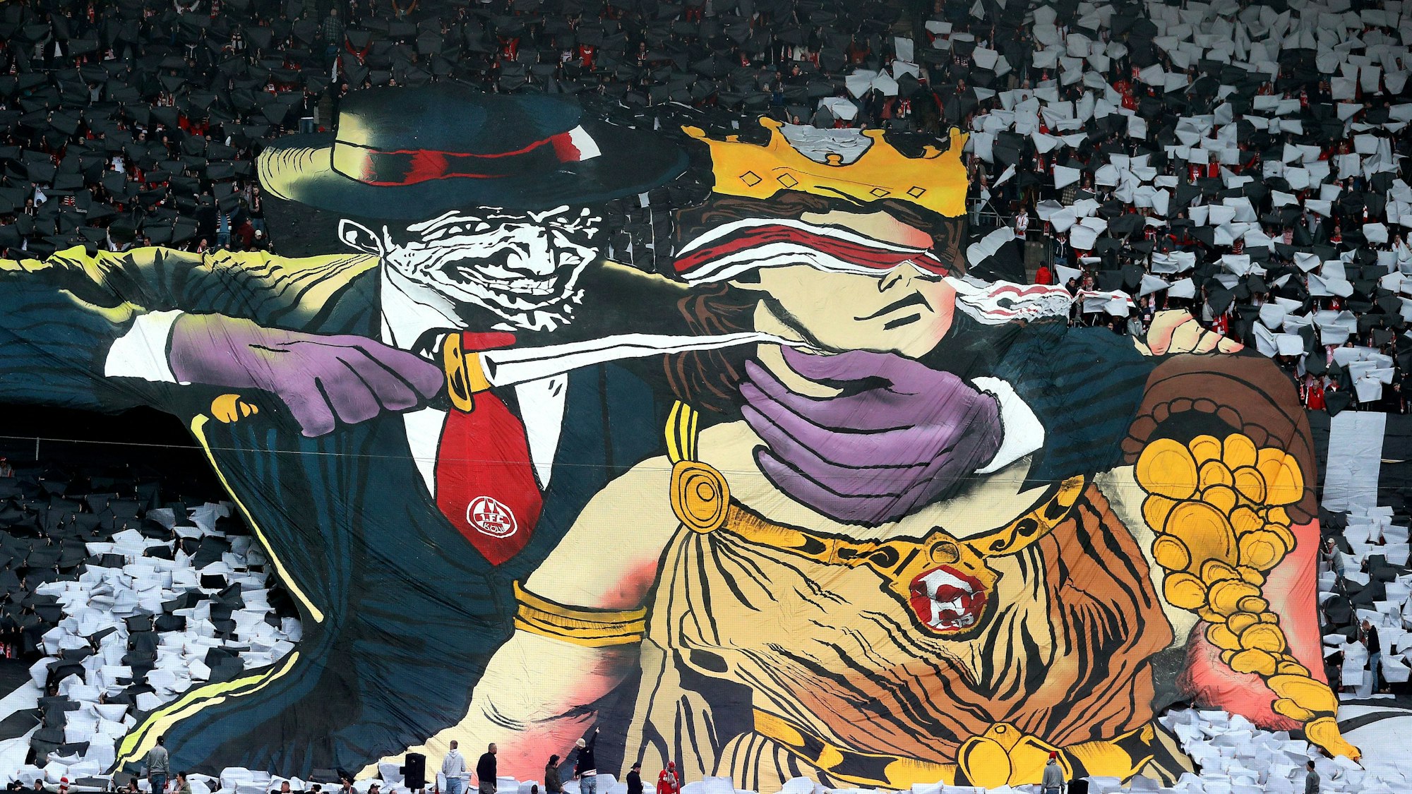 1. FC Köln vs. Fortuna Düsseldorf, 23. Spieltag, 23.02.2025, 13.30 Uhr, umstrittene Choreo der Ultras auf der Südtribüne (1. FC Köln), Bild: Herbert Bucco