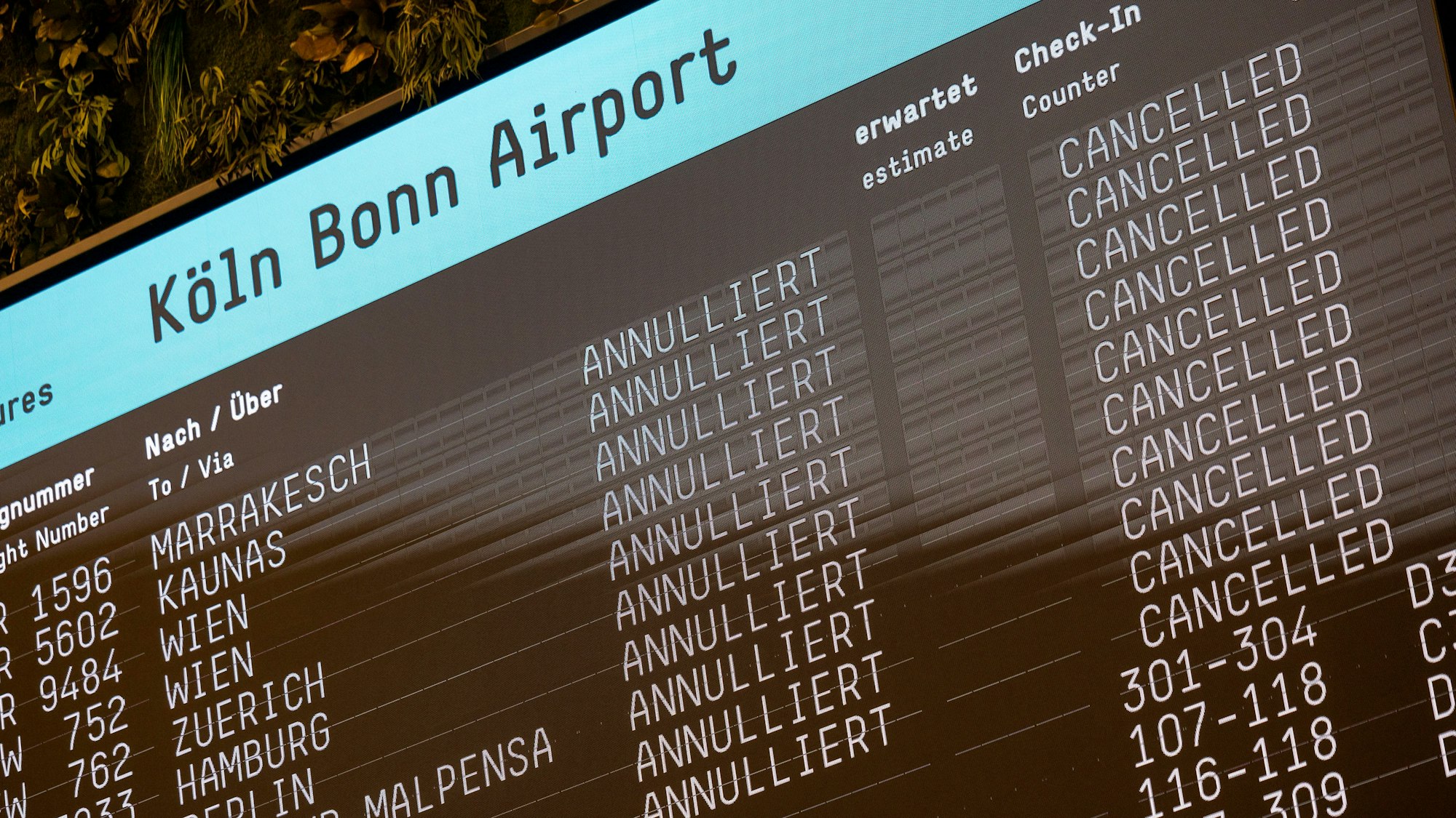 Eine Anzeige am Köln Bonner Flughafen zeigt Flugausfälle an.
