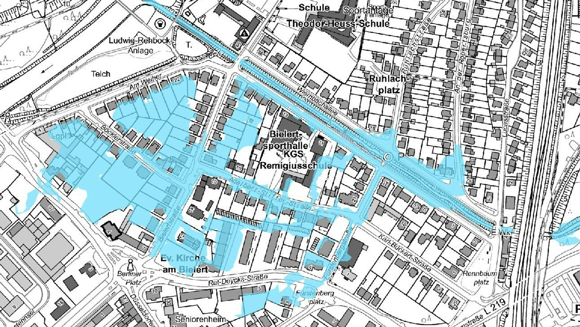 Eine Karte mit blau eingefärbten Überschwemmungsflächen