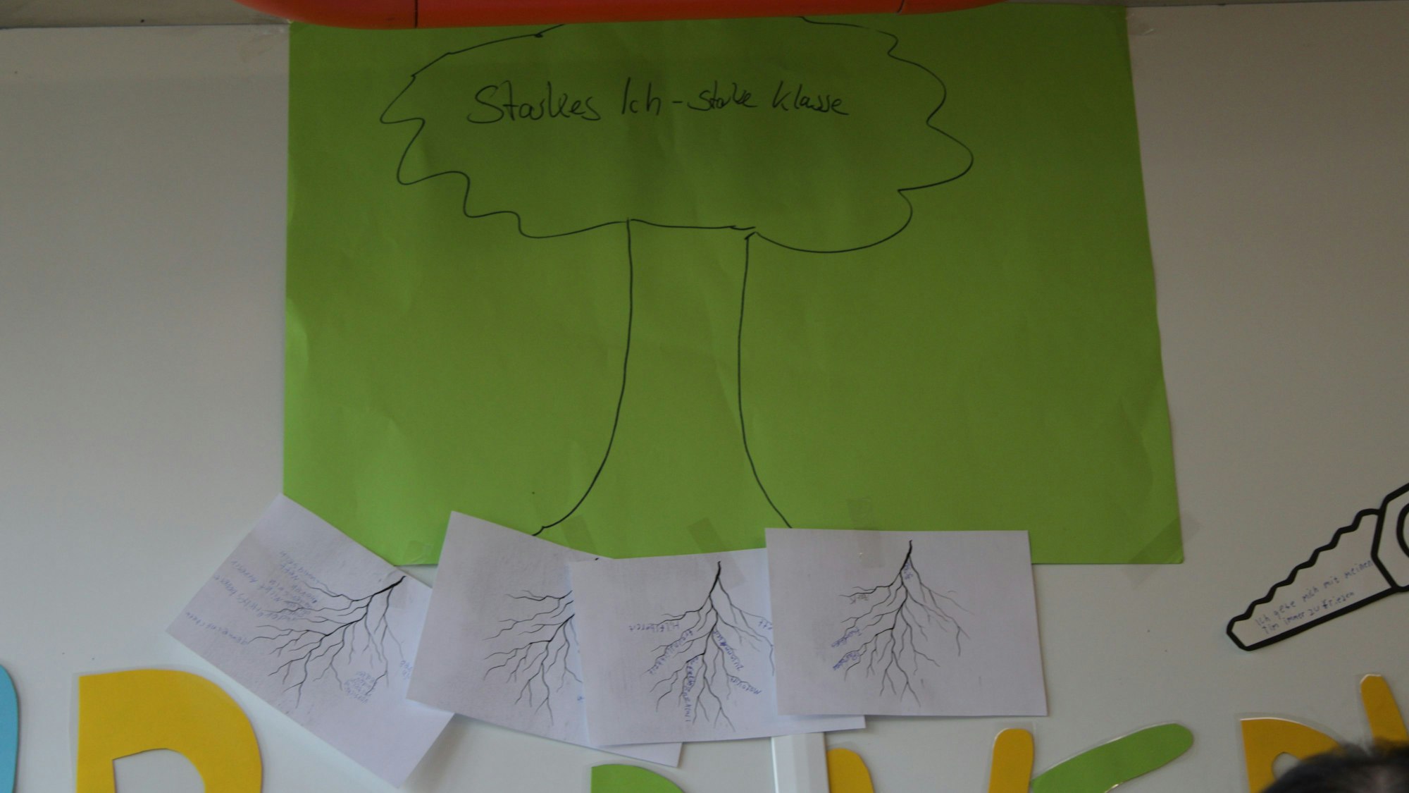 Ein Baum, auf dem steht „Starkes Ich - starke Klasse“ ist auf ein Grünes Papier gemalt, darunter kleben mehrere Zettel mit Wurzeln, die die Talente der Schüler zeigen.