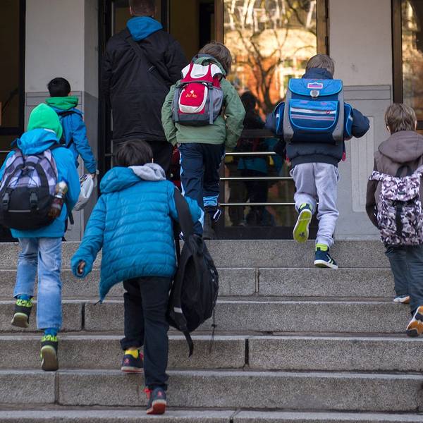 Grundschulkinder laufen mit ihren Ranzen auf dem Rücken eine Treppe hoch zum Schuleingang.