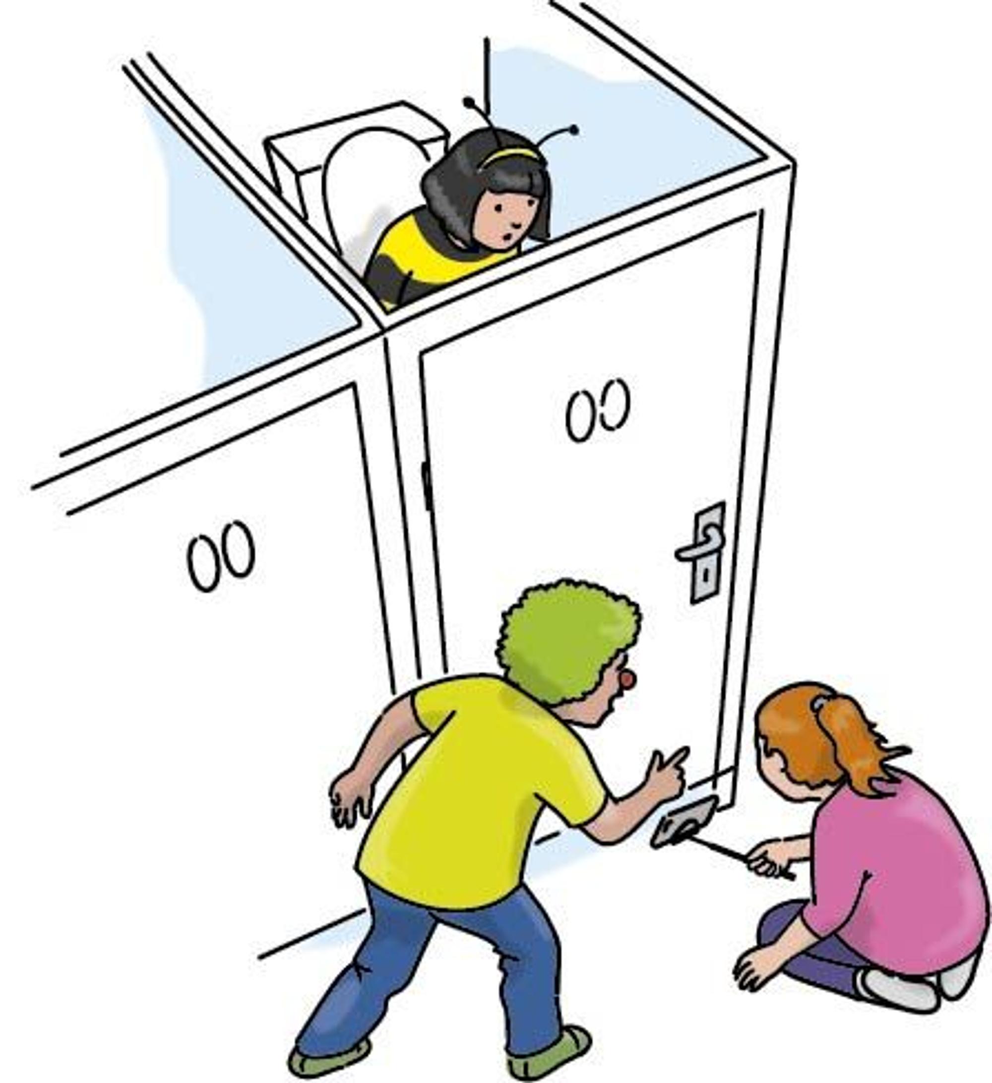 Auf der Illustration von Dorothee Wolters ist ein Kind zu sehen, das als Biene verkleidet auf der Toilette sitzt, zwei andere Kinder filmen es heimlich unter der Tür hindurch.