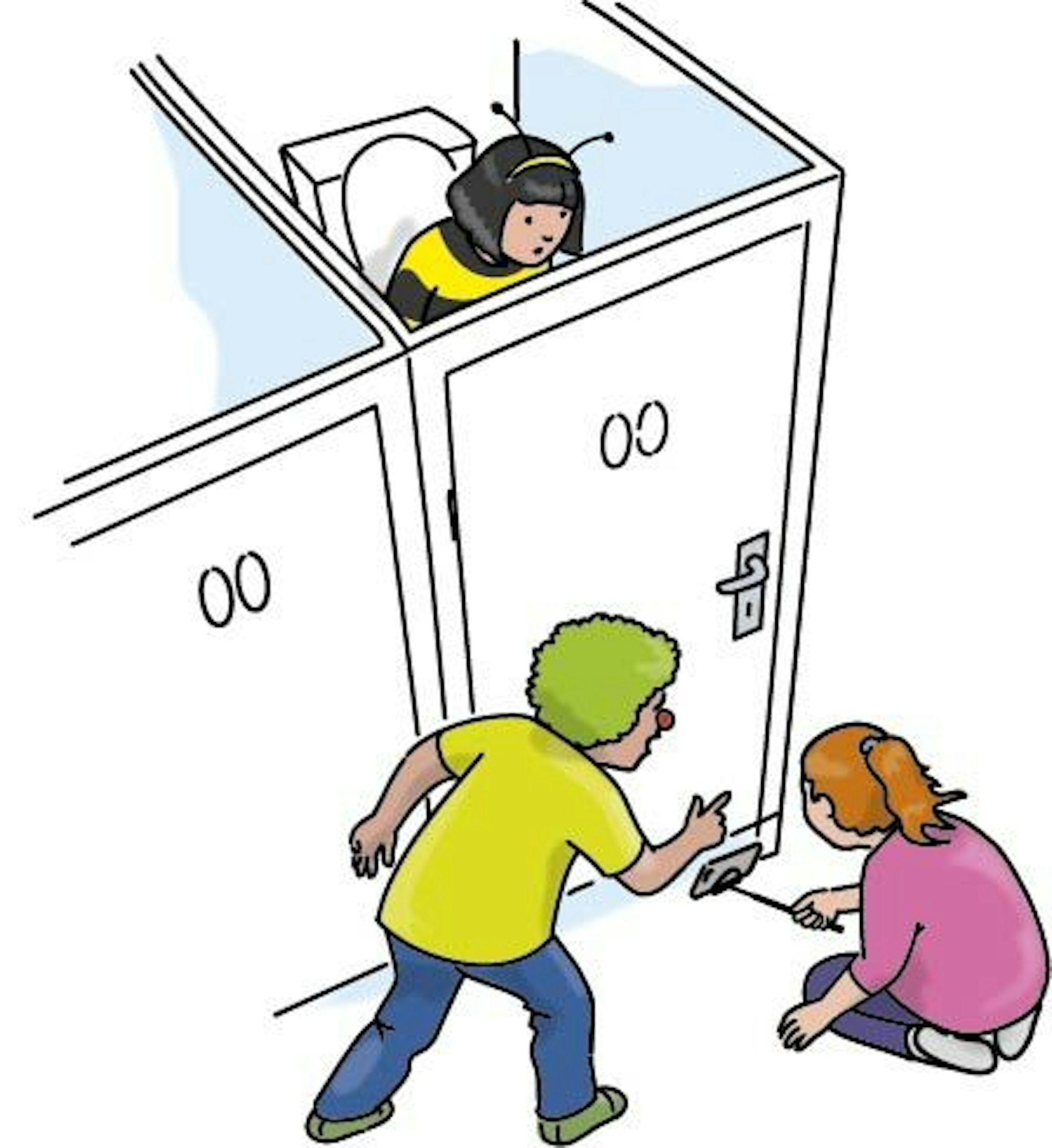 Auf der Illustration von Dorothee Wolters ist ein Kind zu sehen, das als Biene verkleidet auf der Toilette sitzt, zwei andere Kinder filmen es heimlich unter der Tür hindurch.