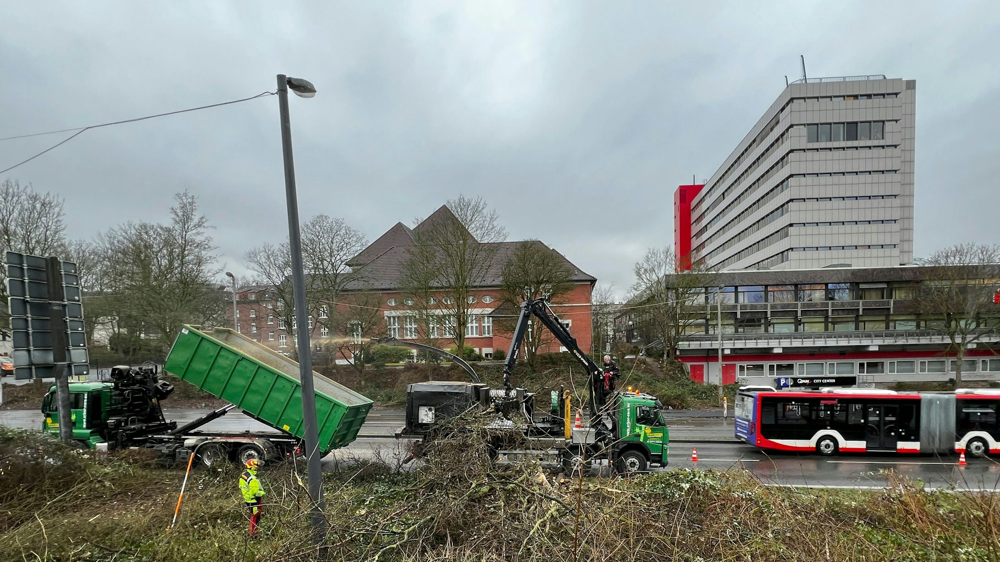 Die Rodung für den Bau der Zufahrt auf das künftige Postgelände zwischen der B8 und der Heinrich-von-Stephan-Straße in Wiesdorf haben begonnen.