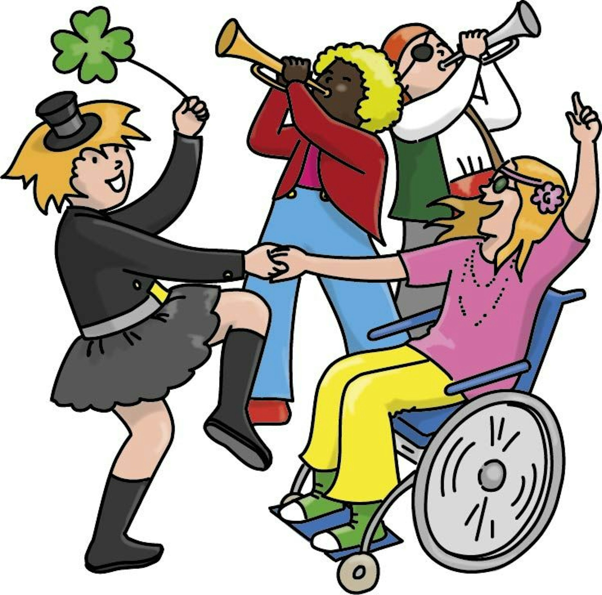 Vier Kinder feiern Karneval, eines sitzt im Rollstuhl, eines hält ein Kleeblatt in der Hand, zwei spielen Trompete.