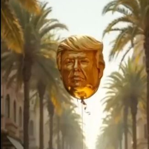 Der Kopf von Donald Trump erscheint in dem KI-generierten Video als großer goldener Ballon.