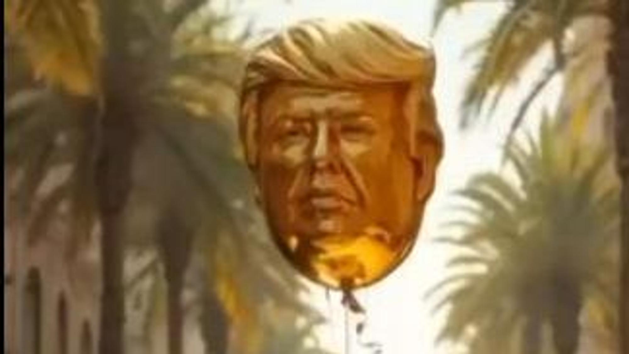 Der Kopf von Donald Trump erscheint in dem KI-generierten Video als großer goldener Ballon.