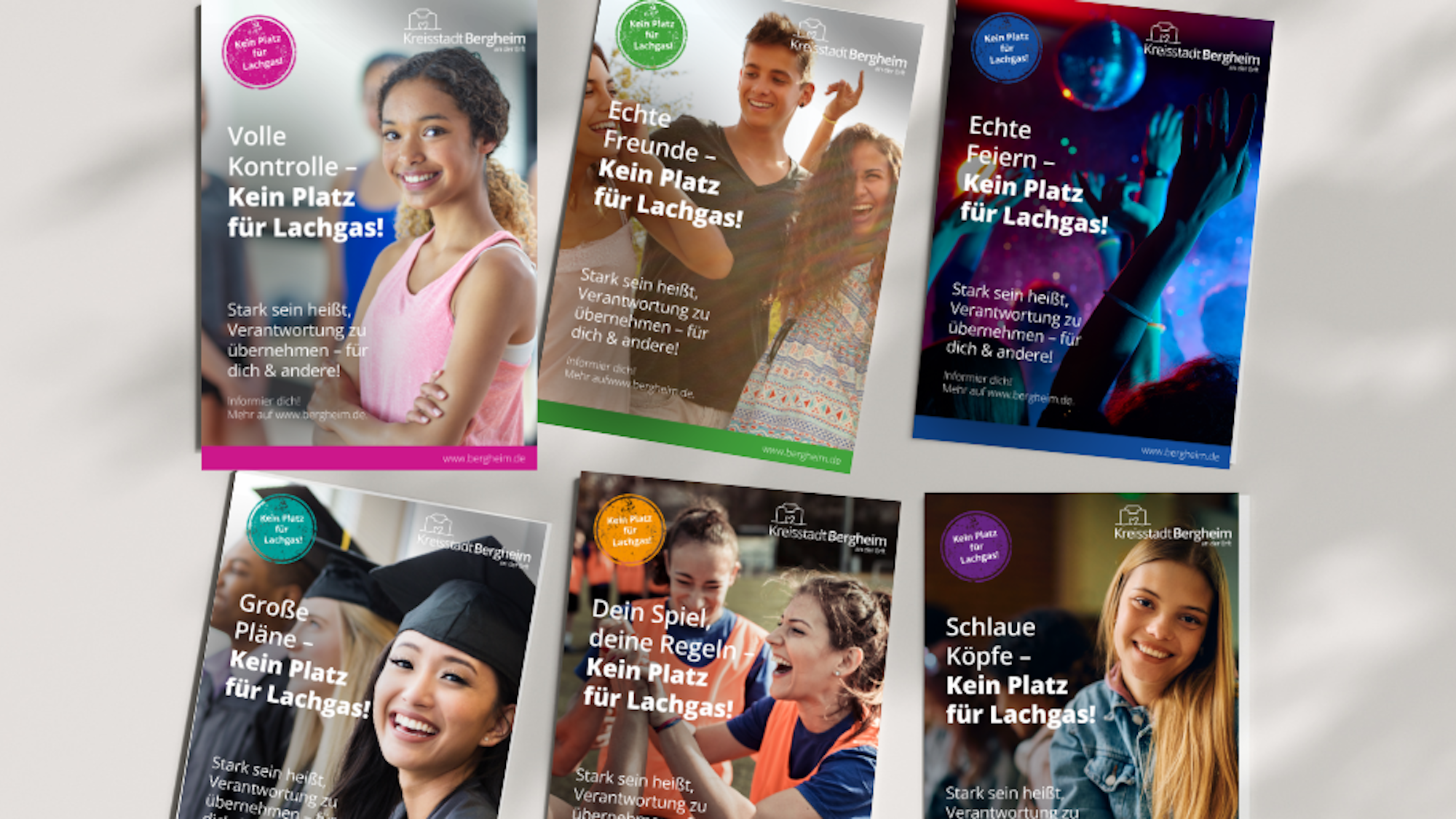 Das Bild zeigt die Plakatmotive der Bergheimer Kampagne zur Aufklärung und Prävention von Lachgas-Konsum bei Jugendlichen.