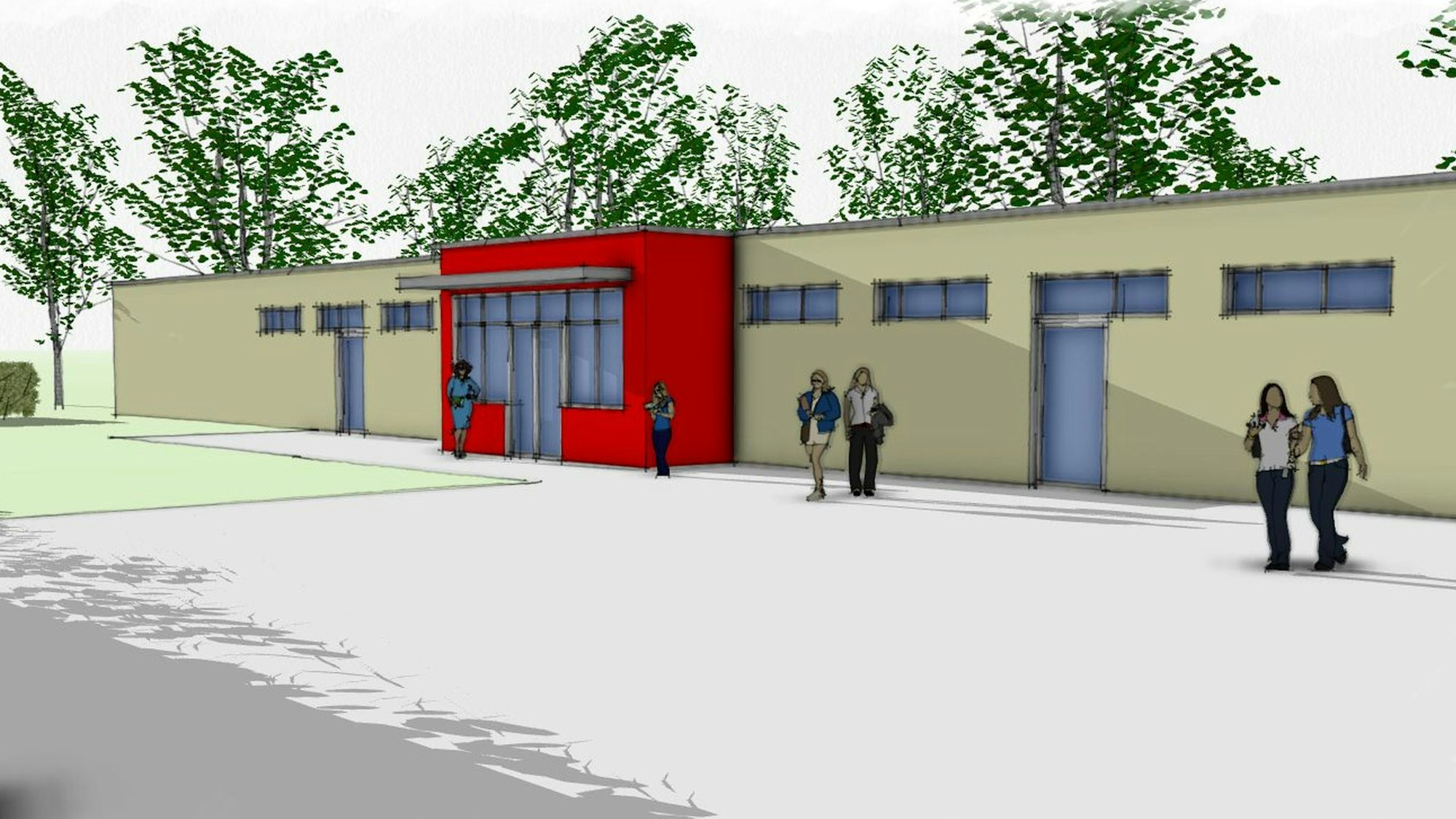 Die Visualisierung eines neuen Schulgebäudes. Es ist eingeschossig, der Eingang ist rot gestrichen.
