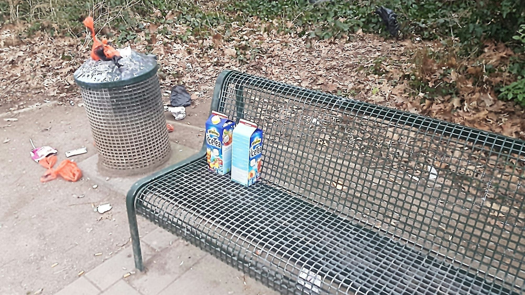 Auf einer Parkbank stehen zwei Getränkekartons, ein Müllereimer neben er Bank quillt über. Hundekot-Tüten liegen obenauf und auf der Boden.