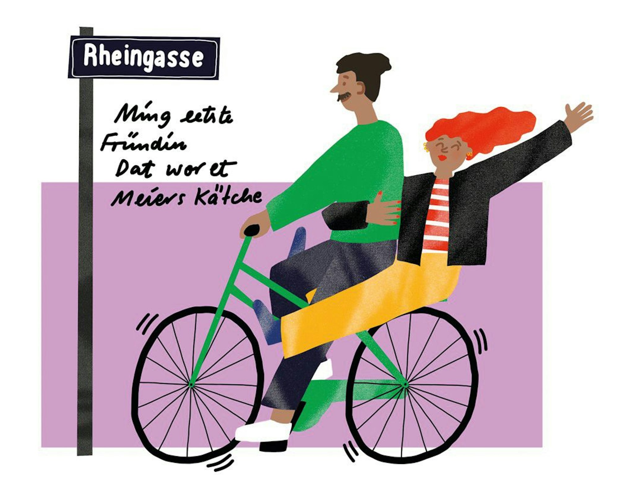 Meiers Kätche auf dem Rücksitz von Pütze Hein, Illustration