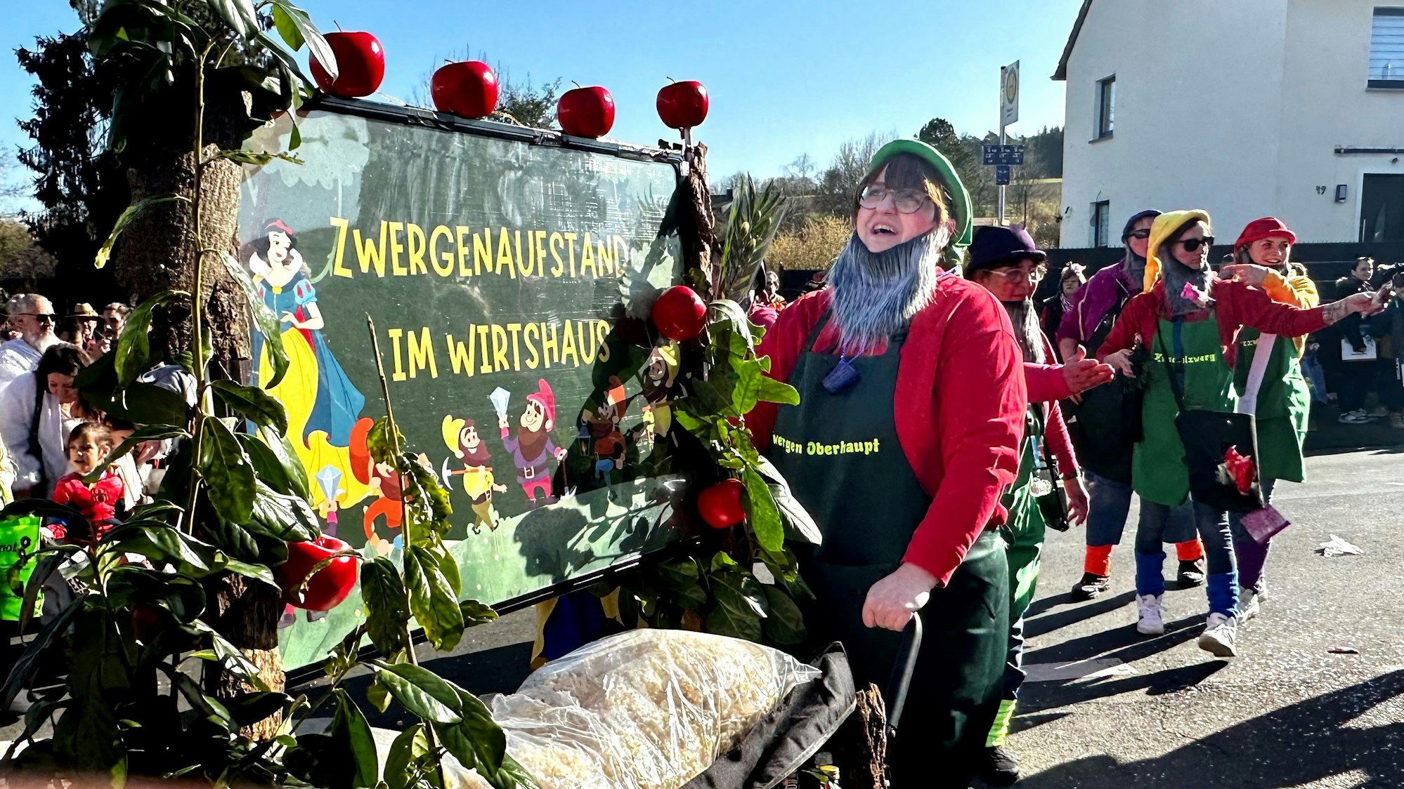 Eine Fußgruppe im Karnevalszug, als Zwerge verkleidet.