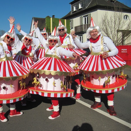 Eine Gruppe in Karussell-Kostümen bei einem Karnevalszug.