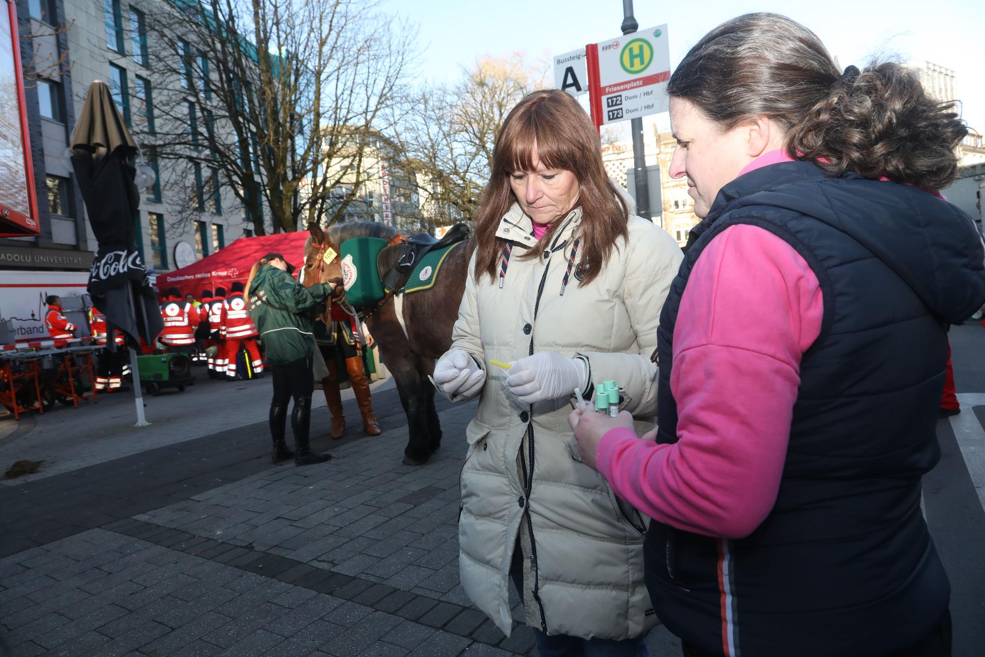Dr. Cornelia Augustiniok und Rebecca Kneip (v.l.) bei der Kontrolle der Pferde am Rosenmontagszug. Die Veterinärinnen kontrollieren Pferde, Kutschen und Transportfahrzeuge zentral am Friesenplatz.