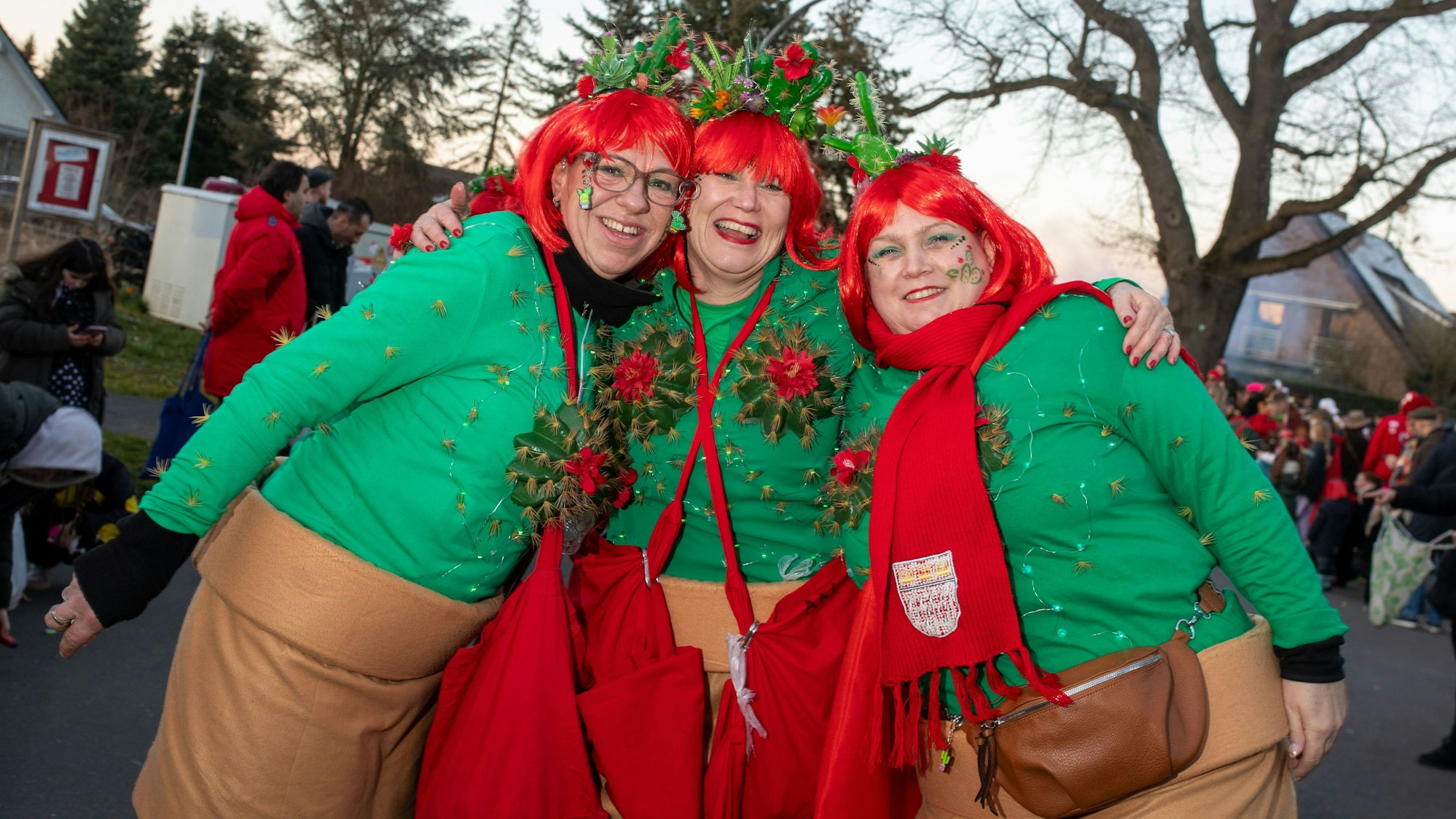 Drei als Topfblume verkleidete Frauen beim Zug in Porz-Langel