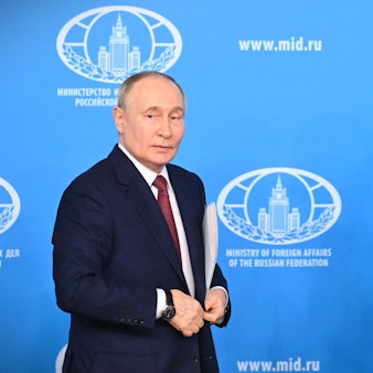 Russia's President Vladimir Putin, accompanied by Foreign Minister Sergei Lavrov, leaves after a meeting with the Russian Foreign Ministry leadership in Moscow on June 14, 2024.
NATALIA KOLESNIKOVA / AFP