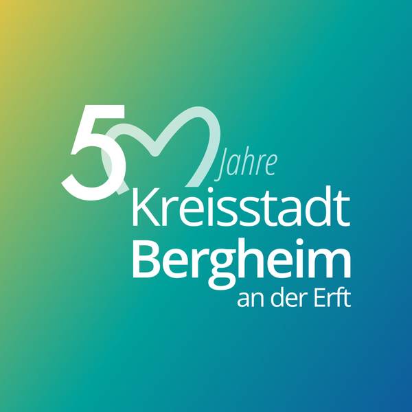 Auf dem Foto ist das Logo für „50 Jahre Kreisstadt Bergheim“ zu sehen.