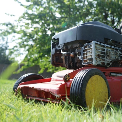 Ein Rasenmäher steht auf einer Wiese.