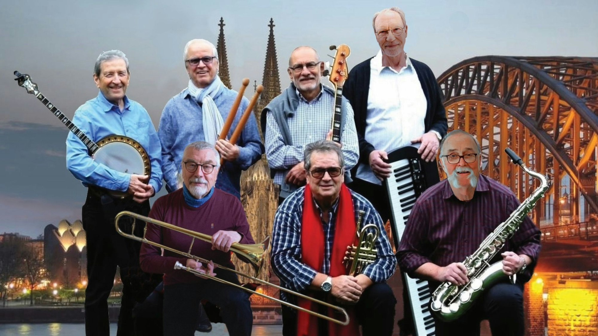 Das Foto zeigt die Musiker mit Instrumenten vor der Kulisse aus Rhein, Rheinbrücke und Domspitzen in Köln.