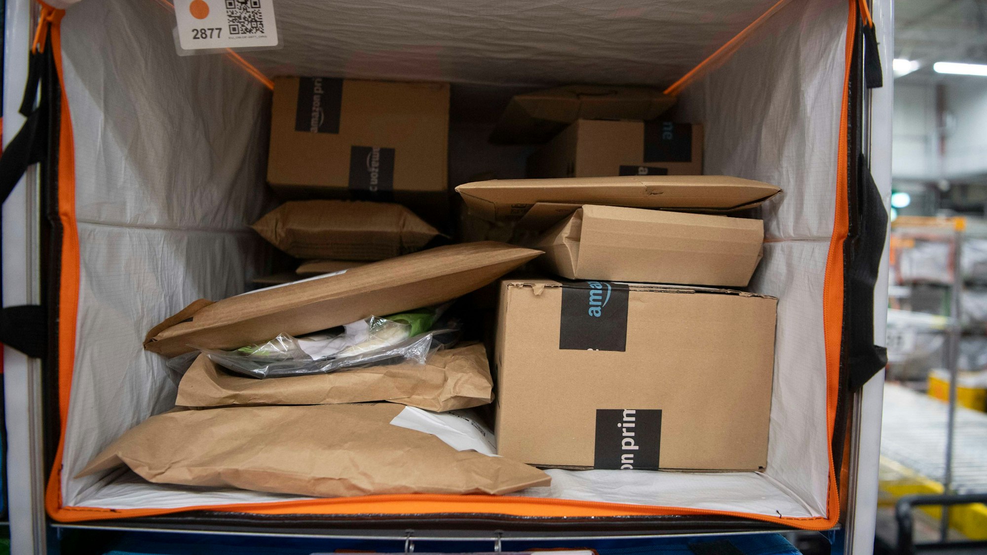 Das Bild zeigt eine große Versandtasche, in der zahlreiche Sendungen vom Internetanbieter Amazon liegen.